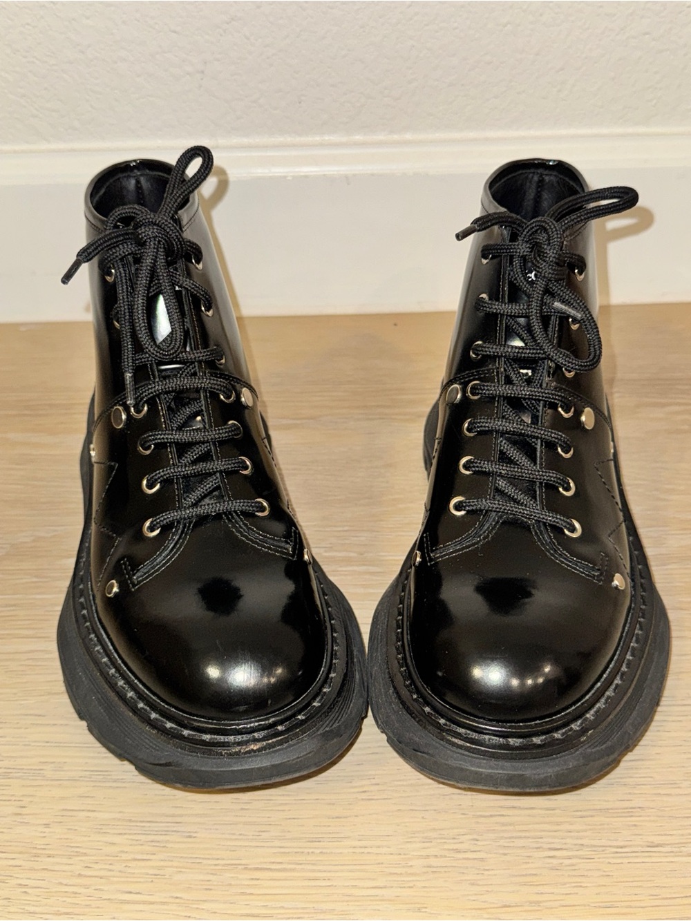 Alexander McQueen Black Patent Leather Combat Boots